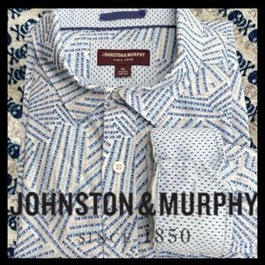 Johnston & Murphy Printed Cotton Shirt White/Blue Micro Skull Cross Bone (XL)